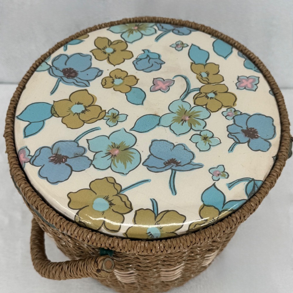Vintage Dritz Sewing Basket Floral Woven Wicker Round Barrel Organizer 1960s